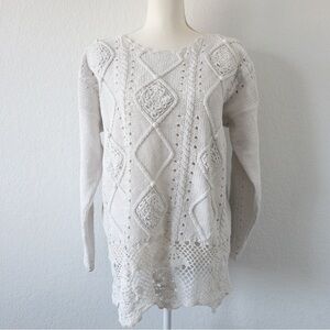 Rebecca Stone White Knit Sweater Crochet Hem Boho‎ Cottagecore Large